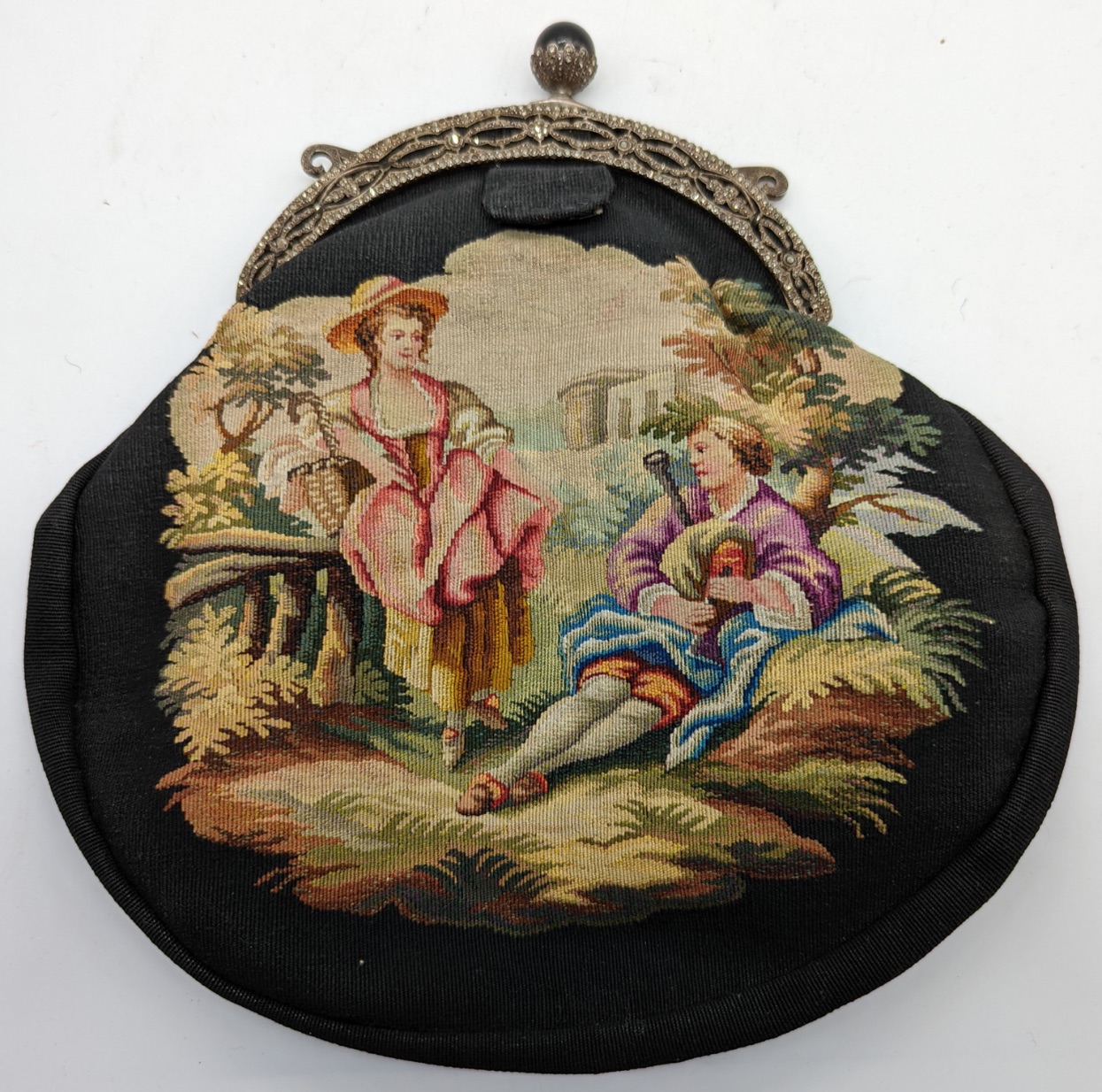 An 18th century French Aubusson handmade tapestry handbag with silver mount