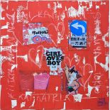 Monica Zetline (Contemporary), Girl Loves Boy, 2007, mixed media on canvas, H.120cm W.120cm