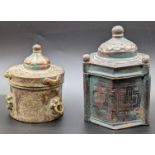 Two 12th or 13th century Persian Seljuk Islamic bronze inkwells, H.9cm and 8cm