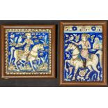 Two 19th century Persian Qajar glazed moulded tiles, 17.5cm x 12cm and 14cm and 14cm