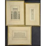 3 19th century Indian architectural paintings, watercolours, 17cm x 10cm (largest)