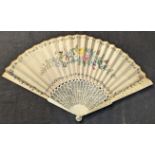 A 19th century Chinese hand painted fan with ivory pierced handle
