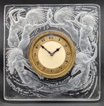 Rene Lalique, Naiades clock, clear glass depicting mermaids, R.Lalique to lower left, Swiss made