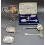 A Victorian silver tankard, together with other silver items including a Celtic spoon and brooch