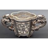 A Chinese export silver salt, twin dragon handles, pierced lotus leaf body, marked Sterling to base,