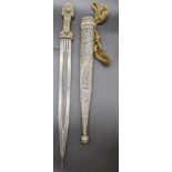 A large 19th century signed Caucasian niello inlaid silver kindjal dagger and scabbard, L.43cm,