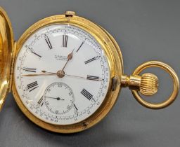 A Thomas Russell of Liverpool 18ct gold hunter pocket watch, white enamel dial, Roman numerals,