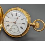 A Thomas Russell of Liverpool 18ct gold hunter pocket watch, white enamel dial, Roman numerals,