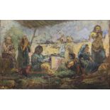 20th century Indian School, a figural scene, oil on canvas,gallery label to verso, H.55cm W.75.5cm