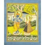A large 19th century Indian miniature painting of Krishna and Radha, 23cm x 18cm