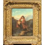 19th century Continental School, a girl in a red shawl crossing the river, oil on panel,H.28cm W.