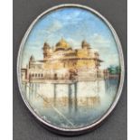 Sikh School Golden Temple miniature painting, mounted in a silver frame, H.5cm