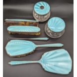 A silver turquoise guilloche enamel dressing table set, hallmarked Birmingham, maker Atkins Bros