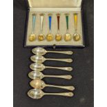 Danish silver enamelled spoons together with Walker & Hall silver golf spoons