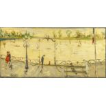 20th century French School, lake scene, oil on canvas, signed lower left, H.39cm W.79cm