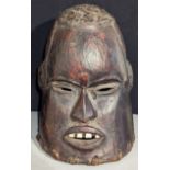 African Tribal Leather and Carved Wooden Head Helmut Mask Headdress, with Human Hair, Mende