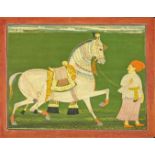 A fine 19th century Indian miniature painting of a groom and horse, H.19.5cm W.23cm