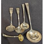 A collection of five silver ladles, Georgian and Victorian, London hallmarks, 345g