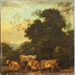 18th century Continental School, Bulls fighting in a country landscape scene, oil on canvas, H.
