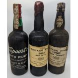 A bottle of vintage port (Alto Douro) 1963, a bottle of vintage port 1958 (Junco Vineyard) and a