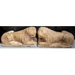 An unusual pair of Continental early carved marble lions, possibly Italian, L.31cm