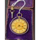An 18ct gold pocket watch, cylinder escapement, the dial elaborately decorated with engraving, the