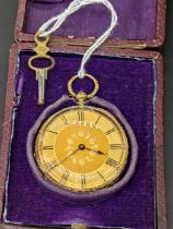 An 18ct gold pocket watch, cylinder escapement, the dial elaborately decorated with engraving, the