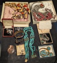 A collection of costume jewellery to include turquoise, brooches, necklaces, earrings