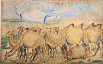Alexander Yakovlev (1887-1938), Camel Caravan, watercolour, signed with initials and inscribed