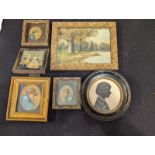 A collection of 6 miniature paintings to include a silhouette and reverse glass example