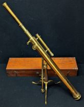 A Whyte Thompson & Co. of Glasgow brass telescope with box, together with a large tripod and a