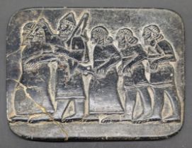 Assyrian hardstone depicting figural scene, 10cm x 8.5cm