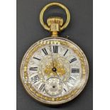 An 18ct gold skeleton pocket watch, silvered dial elaborately decorated with gilt embellishments