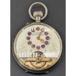 Hebdomas telephone dial silver pocket watch, 8 day, Roman numeral encapsulated in purple mounts, D.