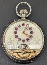 Hebdomas telephone dial silver pocket watch, 8 day, Roman numeral encapsulated in purple mounts, D.