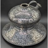 A fine 19th century Indian bidri silver inlaid huqqa base, raised on 3 feet, H.11.5cm