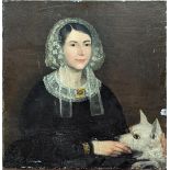 19th century British School, portrait of a lady with a dog, oil on canvas, H.76.5cm W.64cm