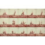 A block of 15 Delft tiles, depicting various ships, mounted on frame, H.46cm W.56cm