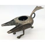 A 11-12th century possibly Andalusian Spanish bronze double spouted oil lamp, 3 hoofed feet, H.