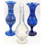 Two early 19th century Turkish Ottoman baykoz enameled blue glass vases and a similar cut glass rose