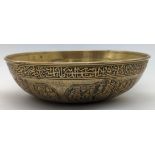 A fine 19th Persian Qajar engraved brass bowl, decorated with figural scenes and two bands of