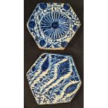 Two fine 14/15th century Mamluk glazed pottery hexagonal tiles, D.19cm