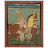 A fine large 19th century Indian School, Maharaja Bhim Singh on horseback, gouache, gilt heightened,