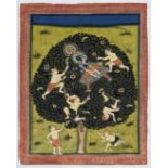 A fine 18th or 19th century Indian miniature painting of Krishna climbing a tree, H.21cm W.14.5cm
