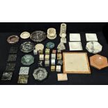 A collection of marble table items, including plinths, cubes, gaming boards etc.