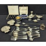 A large quantity of silver tableware to include a pair of Walker & Hall shell dishes, a pair of