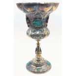 An unusual Grand Tour gilt silver chalice, mounted with malachite Intaglio moulds to the body,