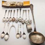 A collection of silver tableware to include a large Continental ladle, total weight approx 480g,