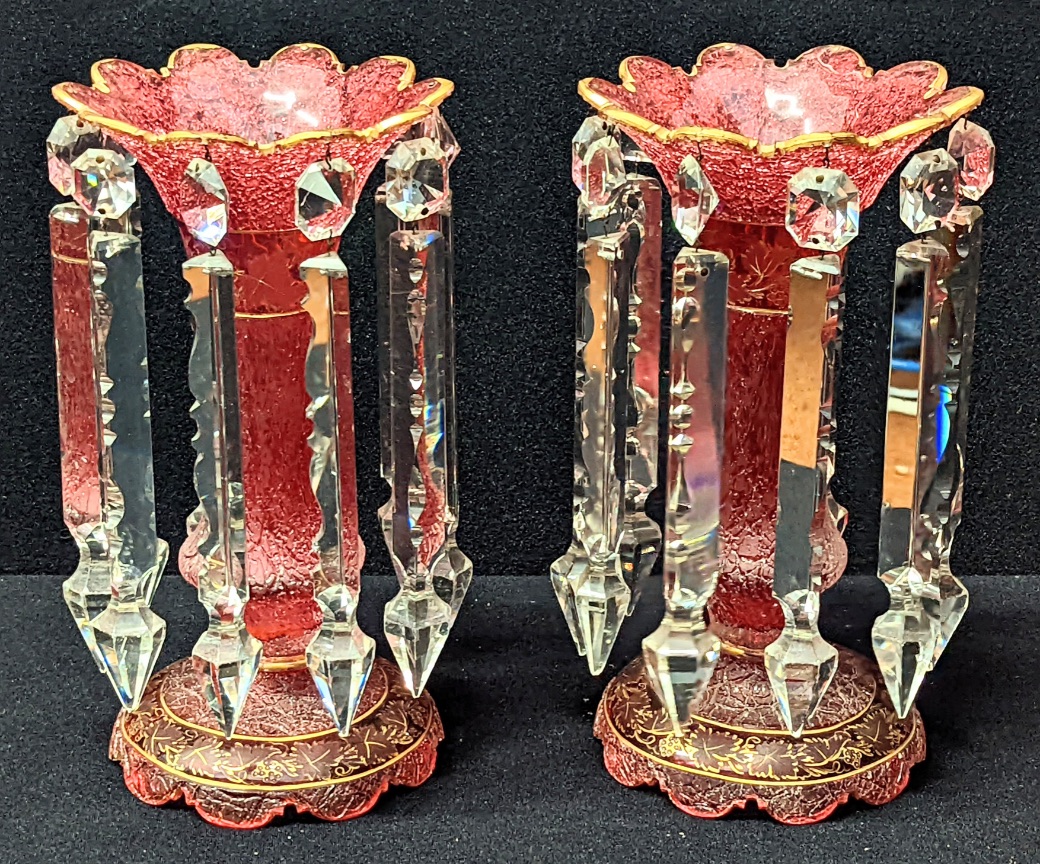 A pair of Victorian Bohemian ruby glass lustres, crackle finish glass with gilt floral decor,
