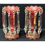A pair of Victorian Bohemian ruby glass lustres, crackle finish glass with gilt floral decor,